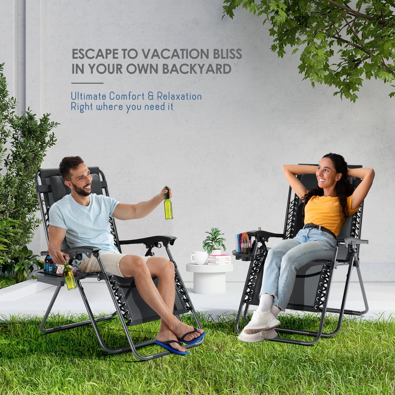 LammaLoe Zero Gravity Chair Set of 4, Outdoor Lounge Chairs with Cup Holder, Black