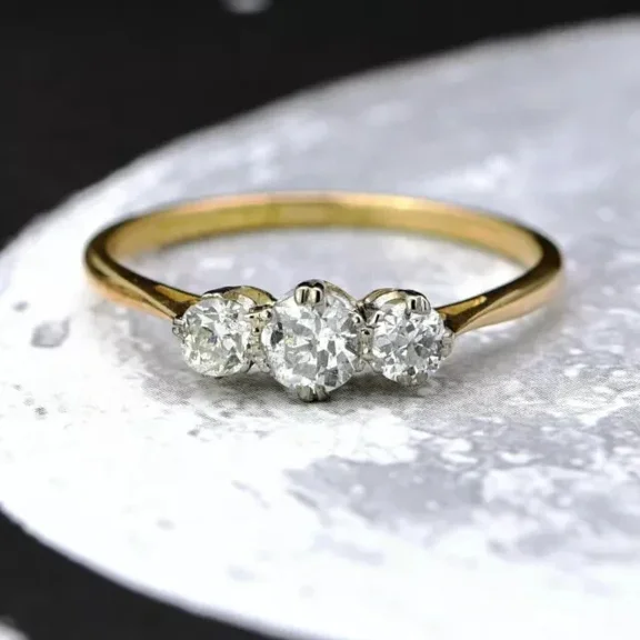 1.5Ct Round Cut Moissanite Three Stone Engagement Ring In Solid 14K Yellow Gold Plated Silver
