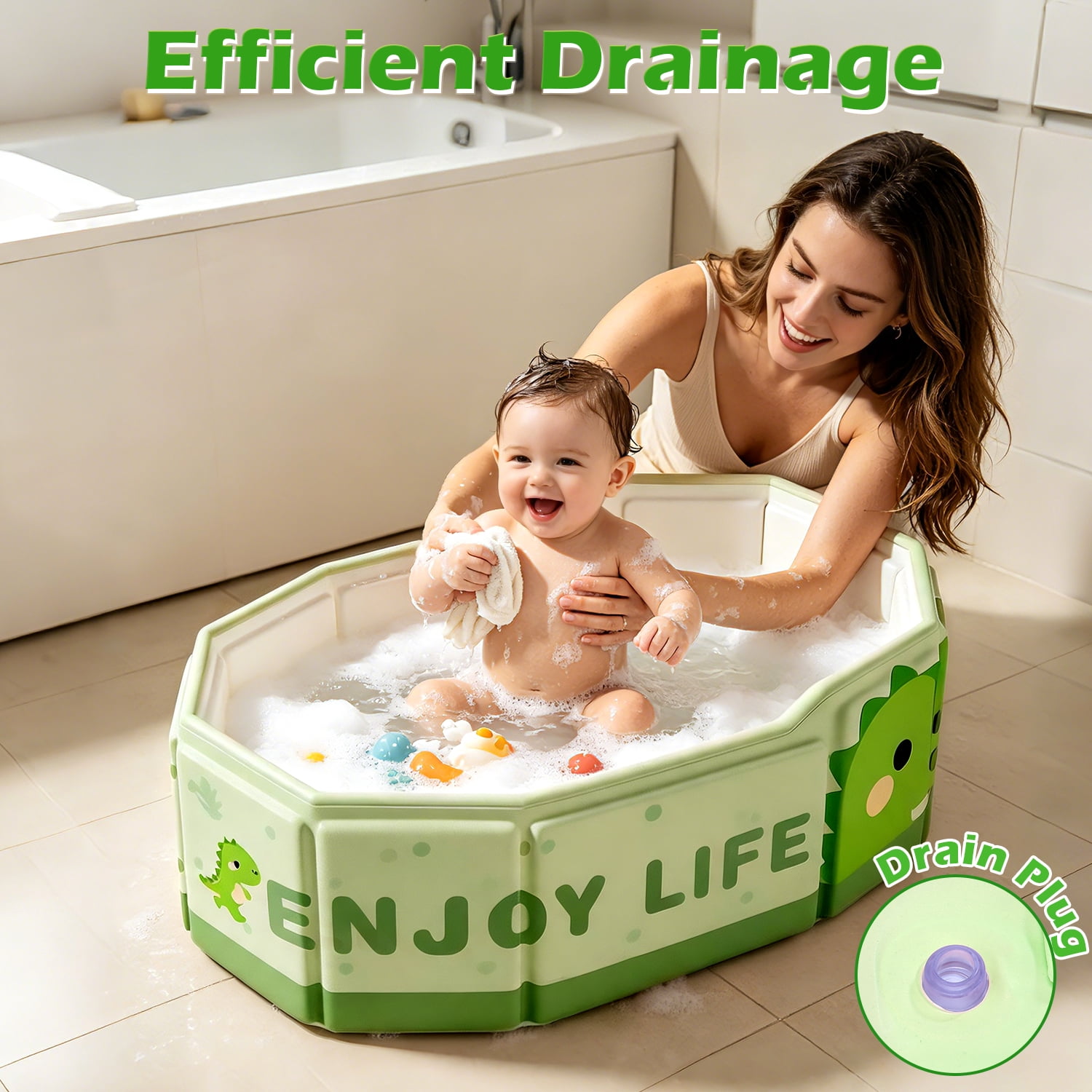 Wonderstone Portable Foldable Bathtub, Collapsible Baby Shower Tub with Drainage Design, Beach Vacation Travel Essentials for 1-3 Kids Toddler (Green)