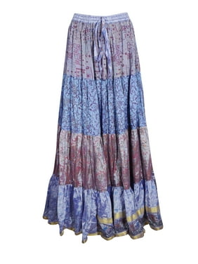Mogul Women Blue Maxi Skirt Full Flared Beach Summer Printed Boho Comfy Gypsy HIPPIE CHIC Long Skirts ML