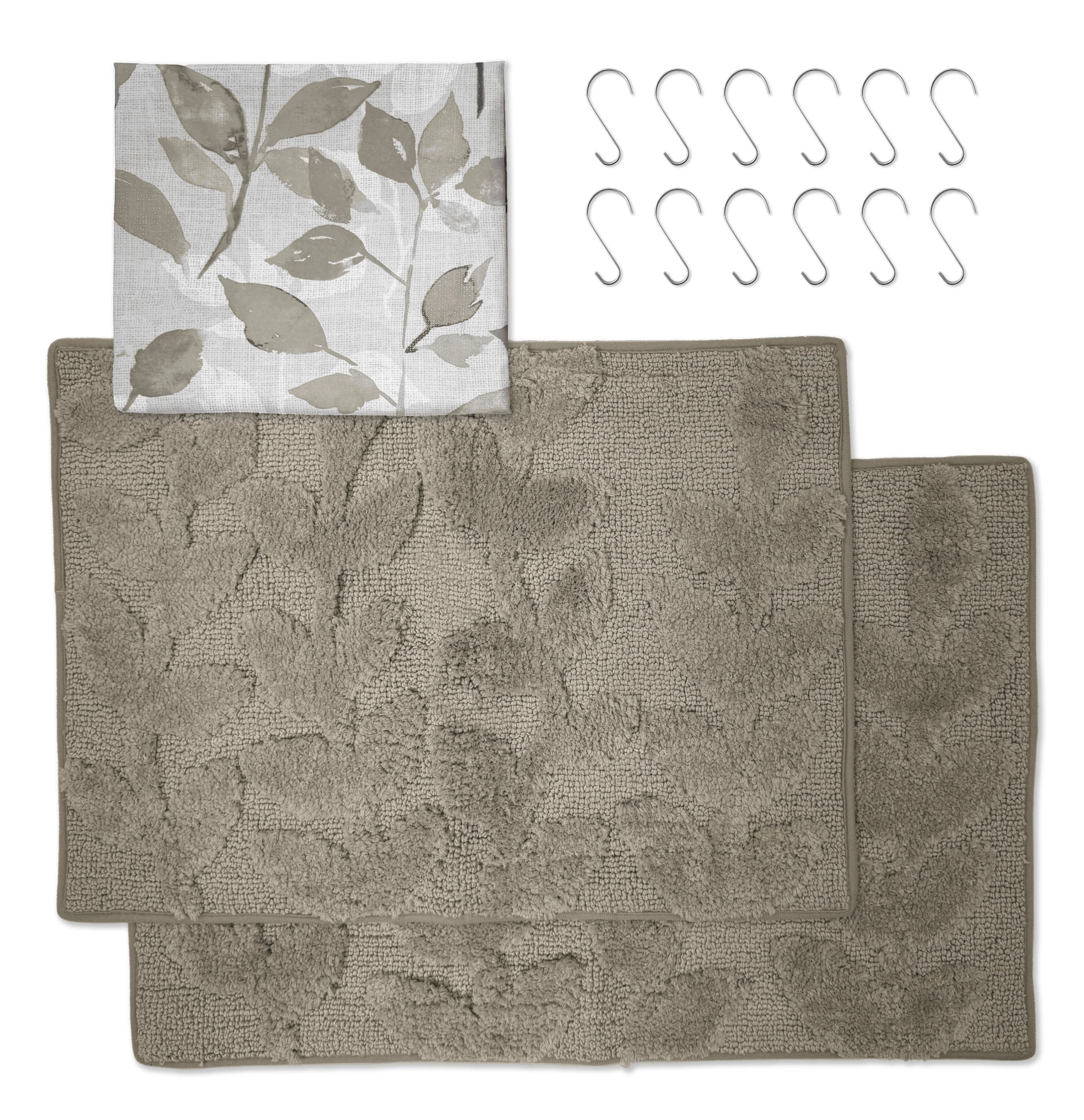 Mainstays 15-Piece Brown Leaves Bathroom Set – Shower Curtain, Bath Rugs & Hooks, Nature-Inspired Washable Décor