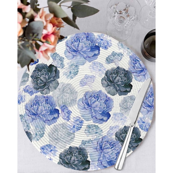 13 Inch Round Placemats Set of 4, Blue Ombre Spring Floral Non Slip Heat Insulation PP Table Mats, Summer Botanical Flowers Washable Place Mats for Kitchen Dining Party Table Decor