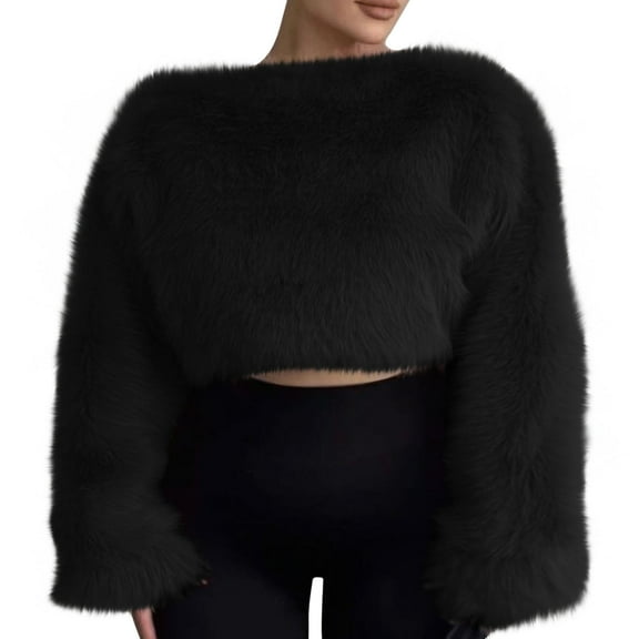Cropped Faux Fur Jacket for Women Boat Neck Long Sleeve Jackets Fluffy Winter Outwear for Evening Dresses Black M