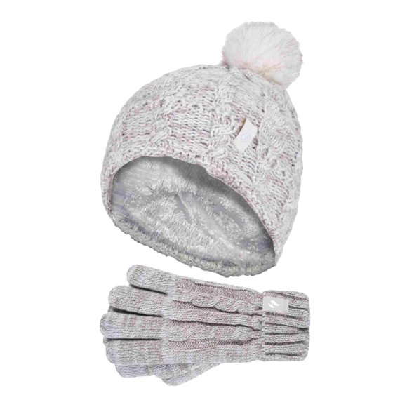 Heat Holders - Girls Bobble Pom Pom Hat and Gloves Set | Turn Over Cuff Hat & Cable Knit Gloves