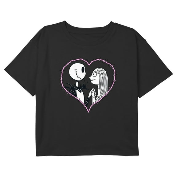 Girl's The Nightmare Before Christmas Jack and Sally Couple Heart Stitch Graphic Cropped T-Shirt Black Medium