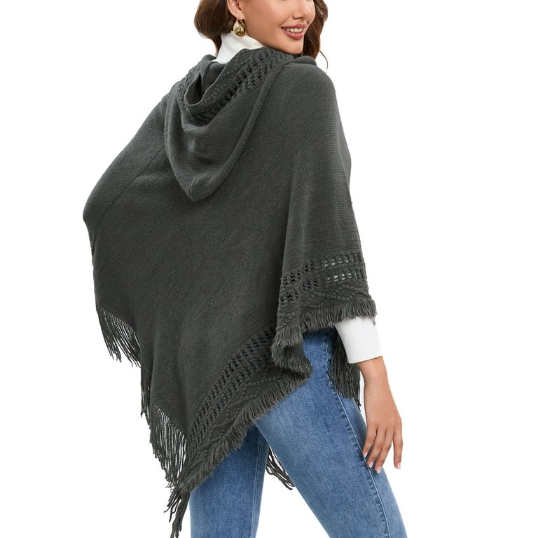 SAYFUT Women's Hooded Tassel Poncho Cape Shawl Knitted Sweater Wrap  Turtleneck Pullover Sweater Ponchos 