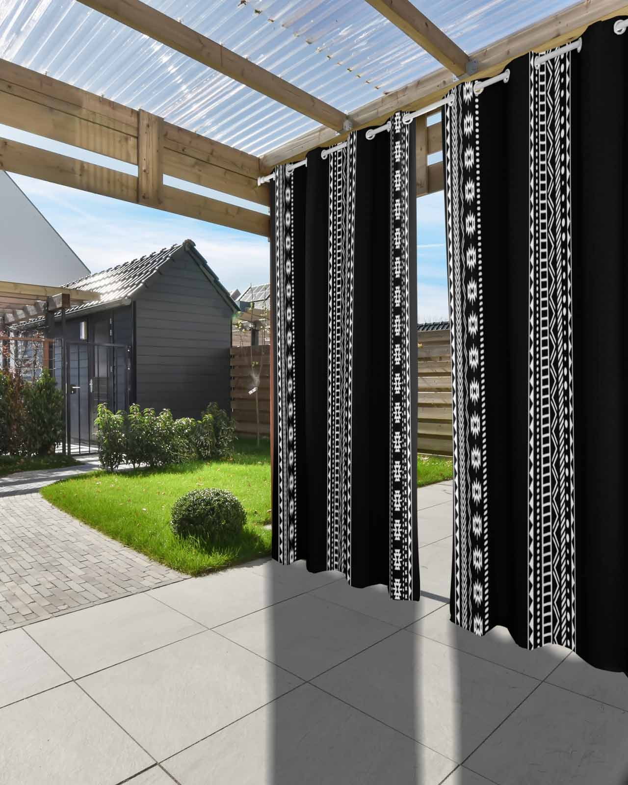 Black Boho Outdoor Curtains for Patio, Vintage Abstract Striped Geometric Motifs Privacy Drapes Grommet Waterproof Outside Curtains for Porch/Cabana/Balcony 54"x 84", 2 Panel