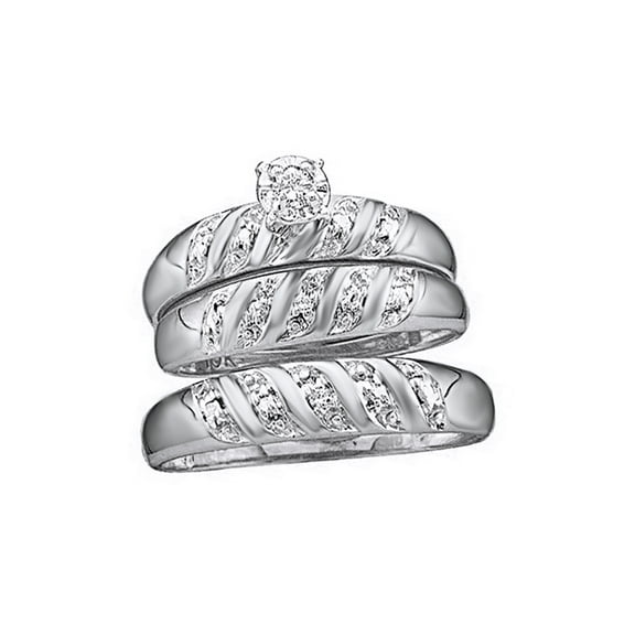 AFFY White Natural Diamond Accent Wedding & Engagement Trio Band Ring Set In 10k White Gold (0.08 Cttw)