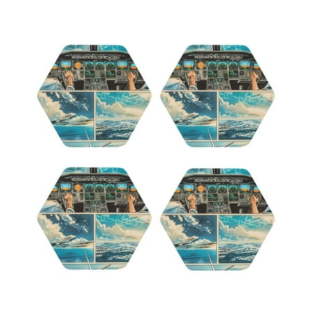 

Qekee Comic Airplane Cockpit Illustration Print PU Leather Absorbent Coasters Leather Coasters Set for Cups Drinks 4 Coasters 4 Pcs for Coffee Bar Home Decor-Hexagon