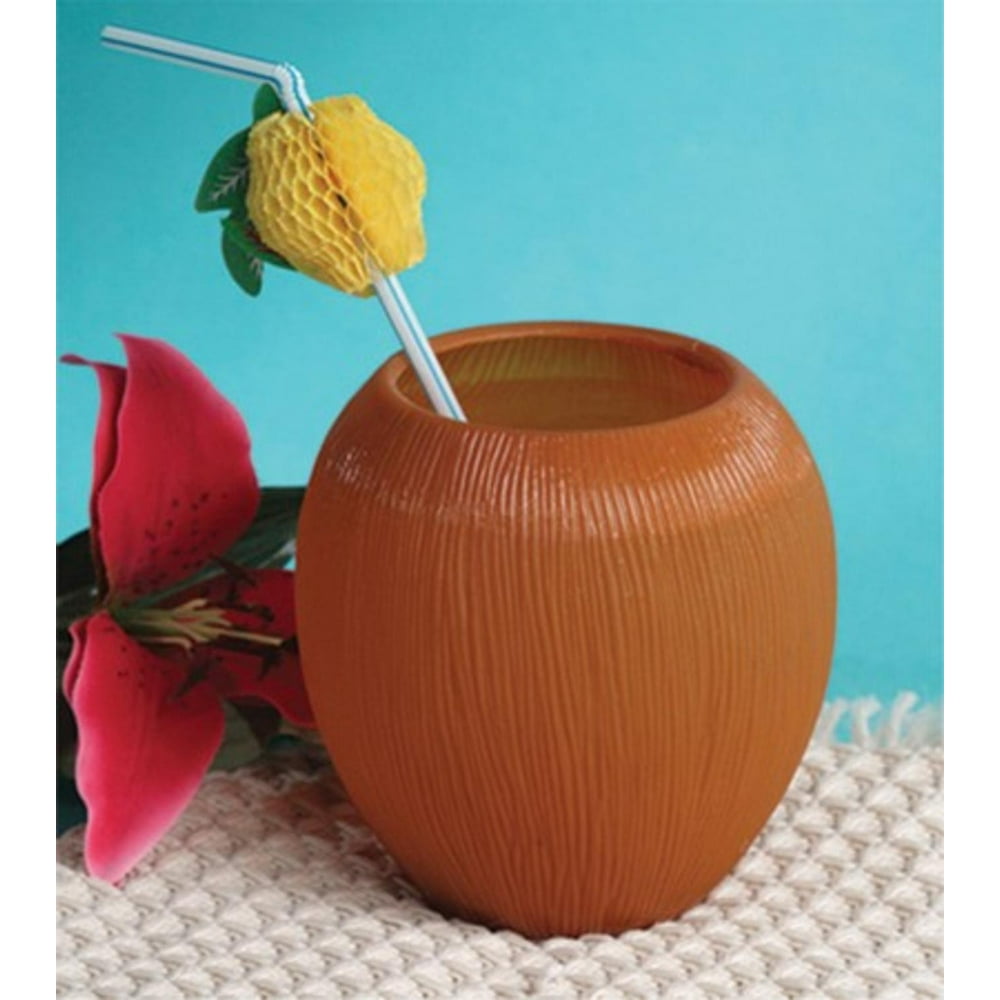 Pack of 12 Tropical Brown Coconut Shaped Disposable Plastic Drinking