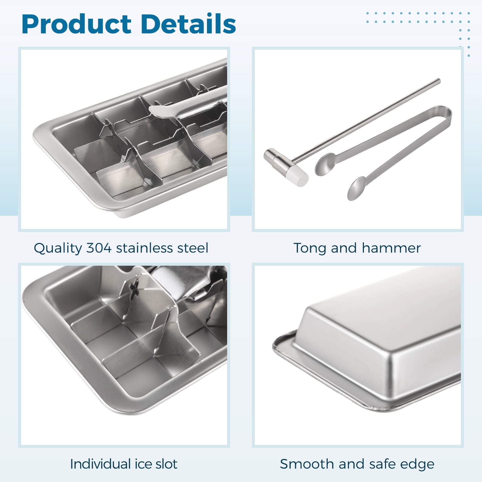 2 PCS Ice Cube Trays Set with Ice Tongs and Hammers, Quick Release Ice Trays with Handle, Stainless Steel Ice Trays for Freezer, Quality Metal Ice Mold for Home Kitchen