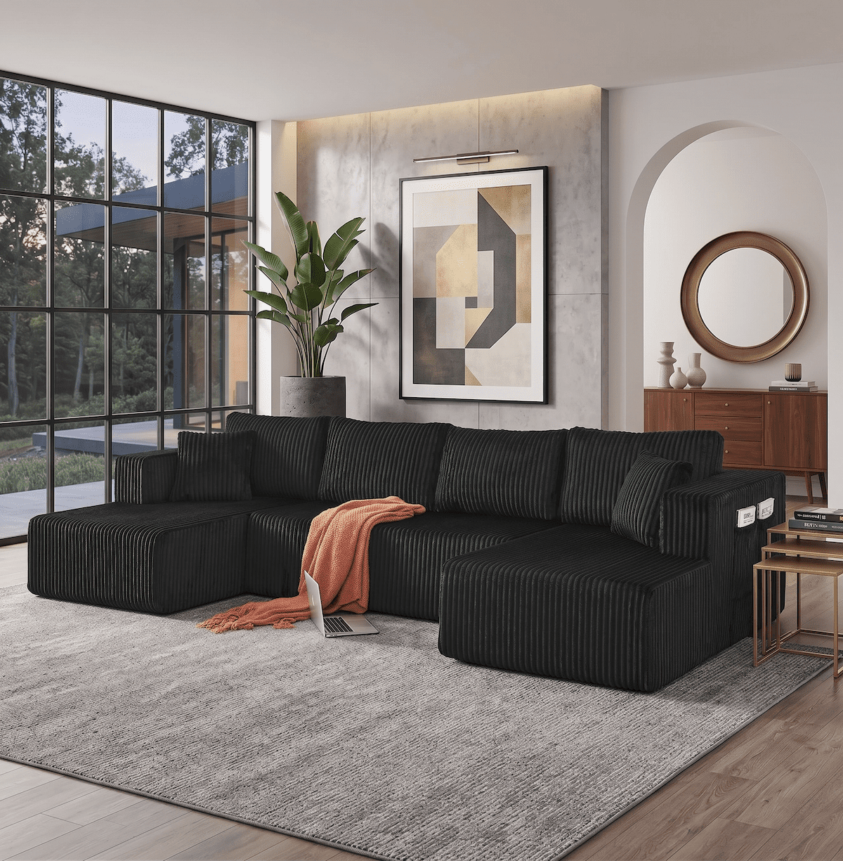 132" Cloud Couch Modular Sectional Sofa, U Shaped Sleeper Sofa Bed, Oversized Chaise, Reversible Corduroy Modular Couch for Living Room, Apartment, No Assembly (Black)