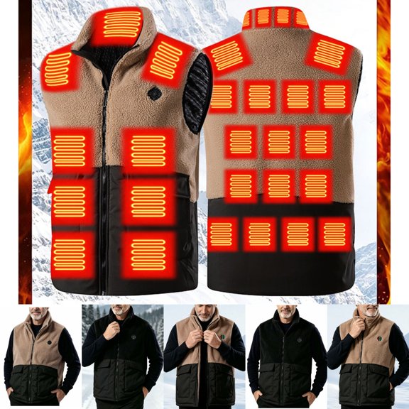 qafoshin Men's Heated Fleece Vest 4 Control 28 Heating Zones 3-Gear Adjustable Jacket Outdoor Commuting Warm Vest