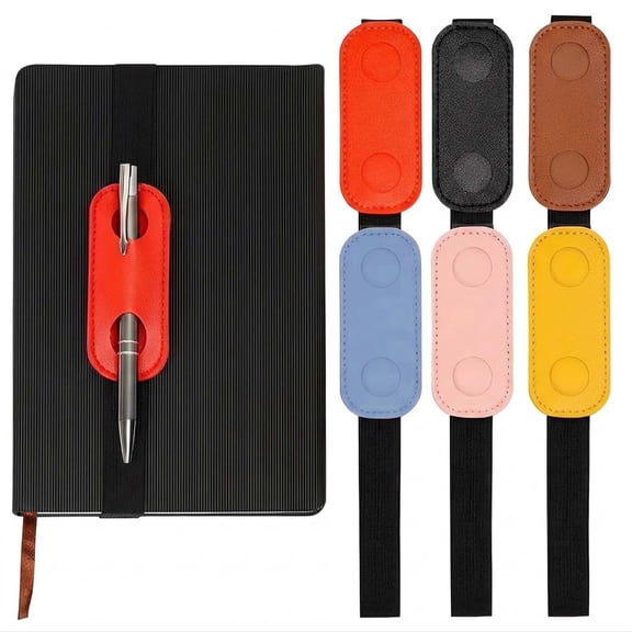 6 6 Pack Adjustable Elastic Band PU Leather Pen Holders, 6 Bright Colors Pencil Sleeves for Planners Journals Notebooks