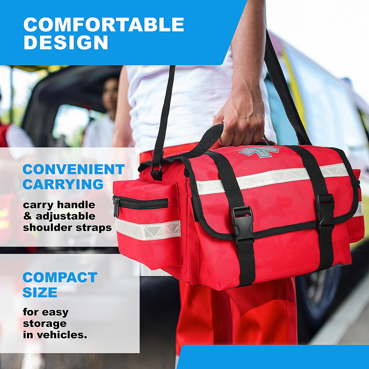 Primacare KB-RO75-RD EMT Trauma Bag – Fully Stocked First Aid Kit, Red with Reflective Strips, 17" x 9" x 7"