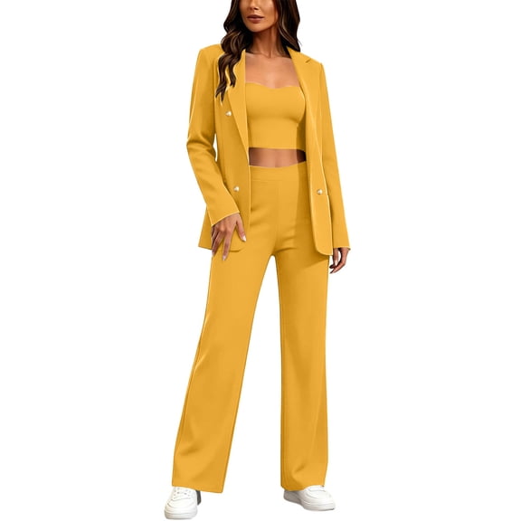 Floleo Women Notched Lapel Double Gold Button Long Sleeve Blazer Square Neck Crop Cami High Waist Wide Leg Pants Three Piece Suit For Office Business Interview Daily Outfits (Yellow,XL)