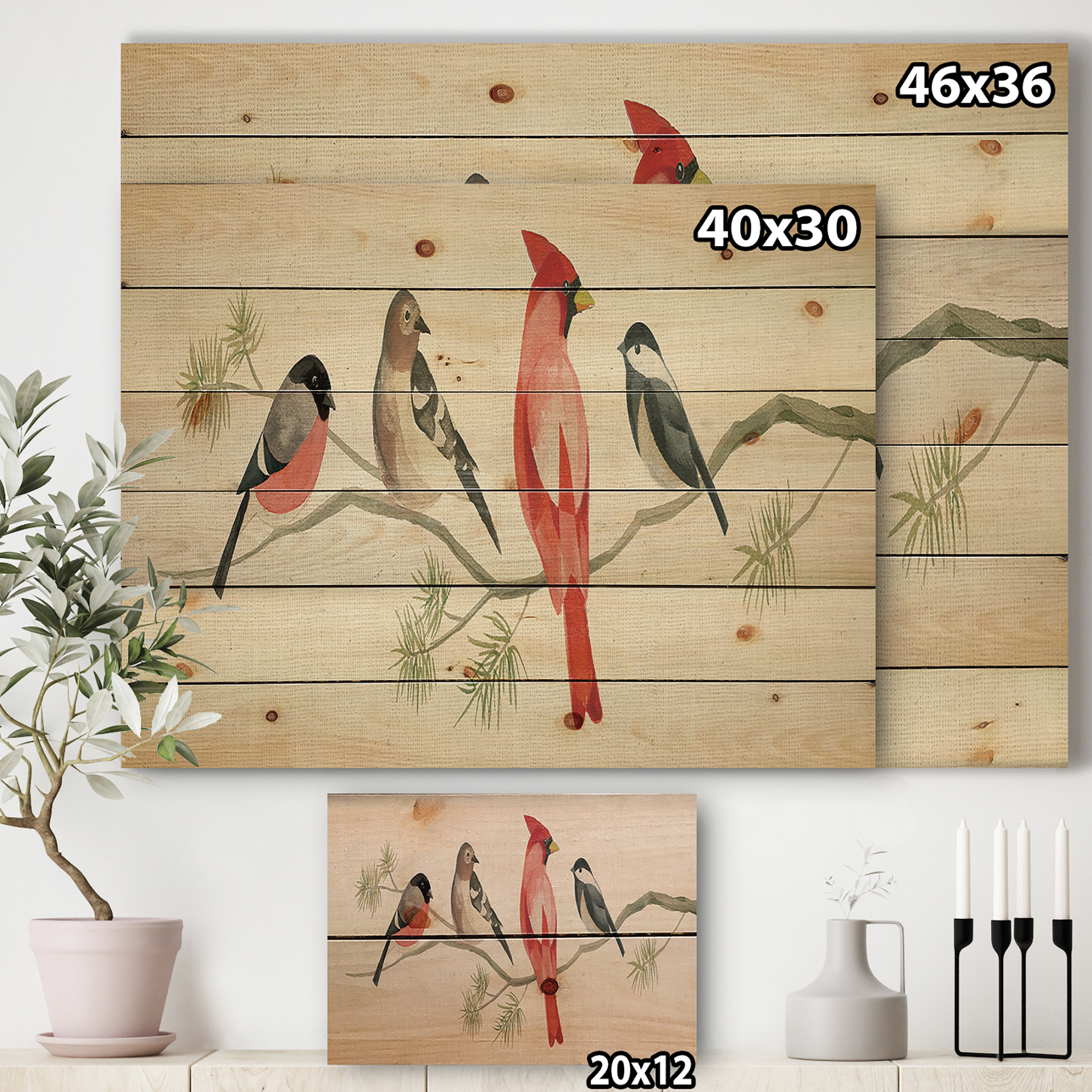 Designart 'Chickadee And Red Farmhouse Bird Sitting on Branch' Modern Farmhouse Print on Natural Pine Wood