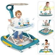 Huber 6-in-1 Baby Walker, Musical Activity Push Walker with Detachable Awning Footrest, Green