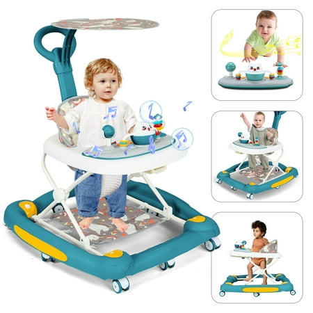 Huber 6-in-1 Baby Walker, Musical Activity Push Walker with Detachable Awning Footrest, Green