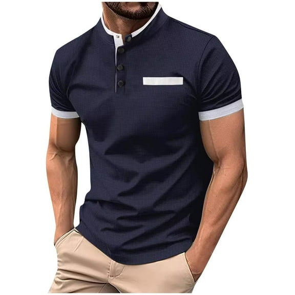 WAVSUF Lapel polo Shirt for Mens Soft Pique Polos Fashionable Button Stand-Up Collar T-Shirt Navy Size M
