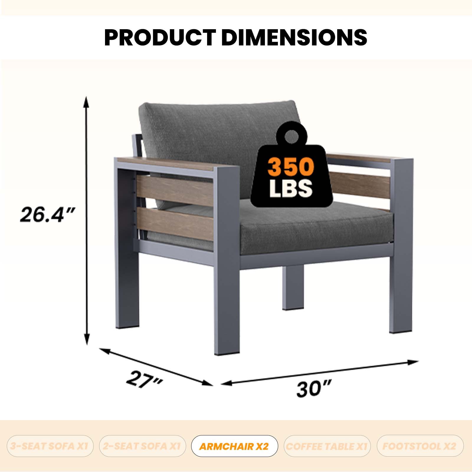 ABORON Aluminum Patio Furniture Sets, Patio Conversation Sets Sectional Sofas with 27" Deep Seating, 2 Pieces Outdoor Patio Armchair Set w/ All-Weather Thick Cushion (Washable)