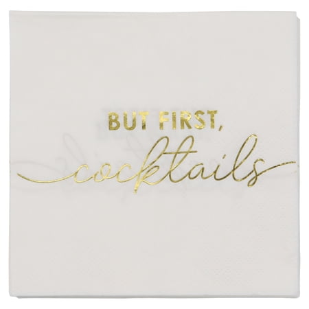 Celebrate It Beverage Napkins But First Cocktails Gold Script Design White & Gold 4.8 x 4.8 12 Packs (240 Total Count)