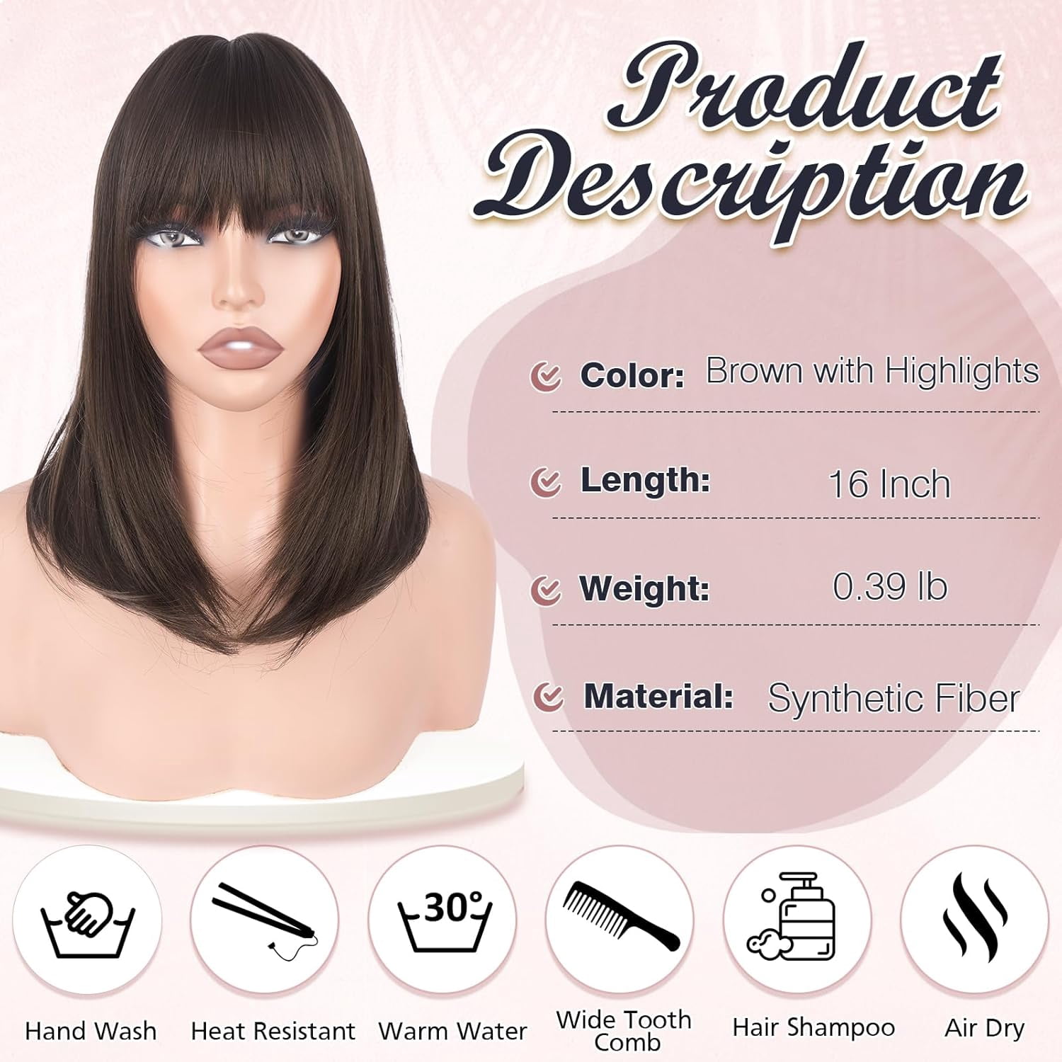 SUCS Blonde Bob Wigs with Bangs Shoulder Length Straight Natural Looking Synthetic Heat Resistant Medium Hair Wigs for Women Daily Party, 16 Inch Dirty Blonde