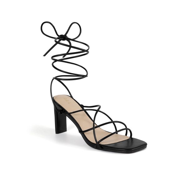 BLISSFUL STEP Square Toe Strappy Lace Up Block Heel Sandals for Women Black 6