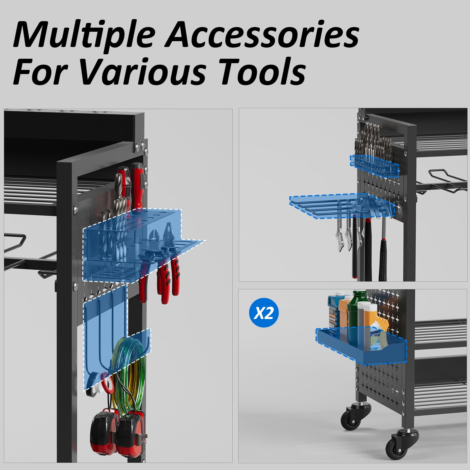 VDEVY Power Tool Organizer Cart with 8 Charger Ports & Adjustable Storage, Garage Workshop Utility Cart for Mechanic, Birthday Gift Ideas for Men