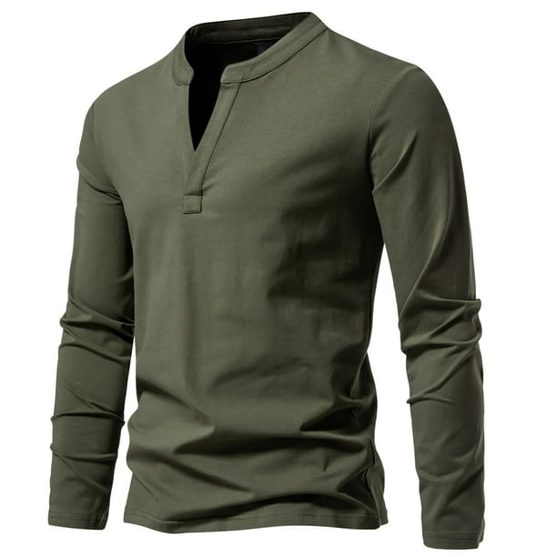 Blusas y camisas de manga larga con cuello en V para hombre, estilo casual, de color liso, de poliéster y algodón.