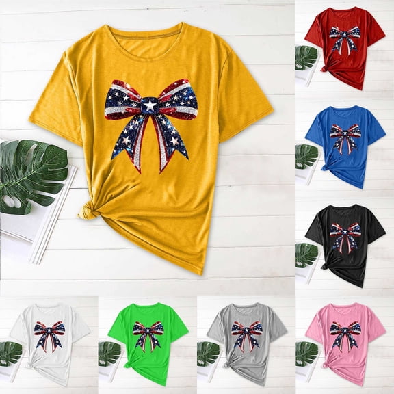 CHUMUD 4th of July Shirts for Women American Flag Bow Graphic Tee USA Red White Blue Top Patriotic Crew Neck T Shirt