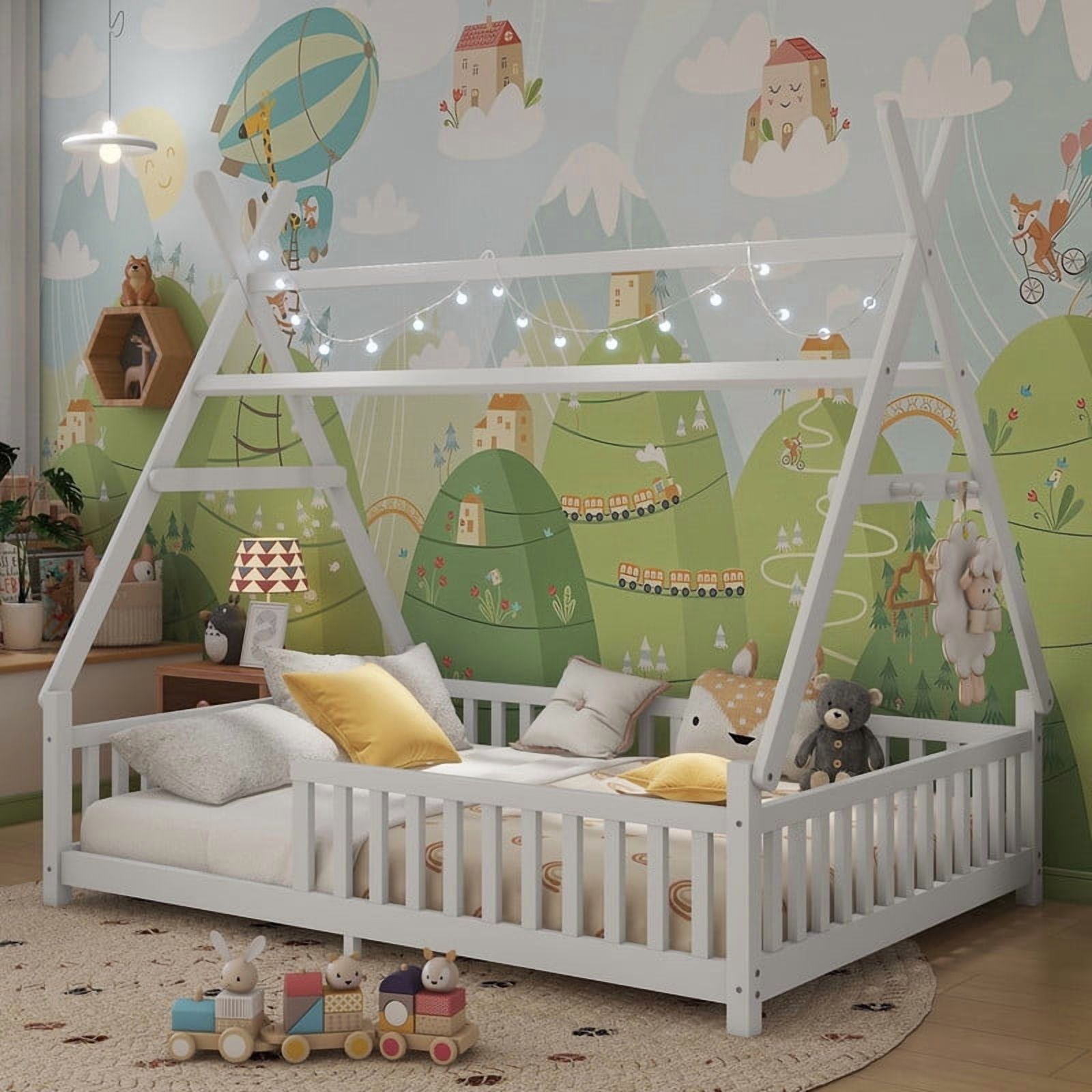Mirightone Full Size Tent Beds with Hanging Rack, Teepee Floor Bed, Detachable Floor Bed with Slats and Fence Rails, Wood House Bedframe for Boys Girls, White