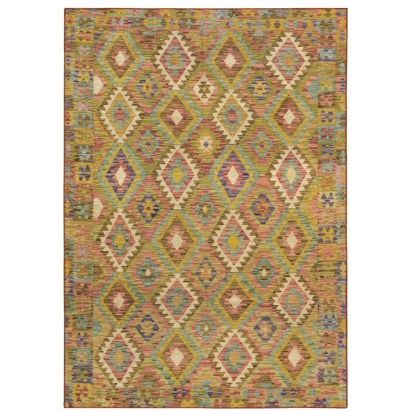 Oriental Weavers Malibu Washable Area Rug - MAL07 - 5' x 7' - in Gold/ Multi - Southwestern Lodge Style, Non-Slip, Stain Resitant, Ultra Low Pile, Bedroom, Office Rug