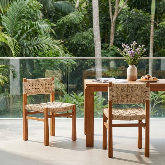 Christopher Knight Home Outdoor Acacia Wood Wicker Armless Dining Chairs, Teak Light Gray, Set of 2