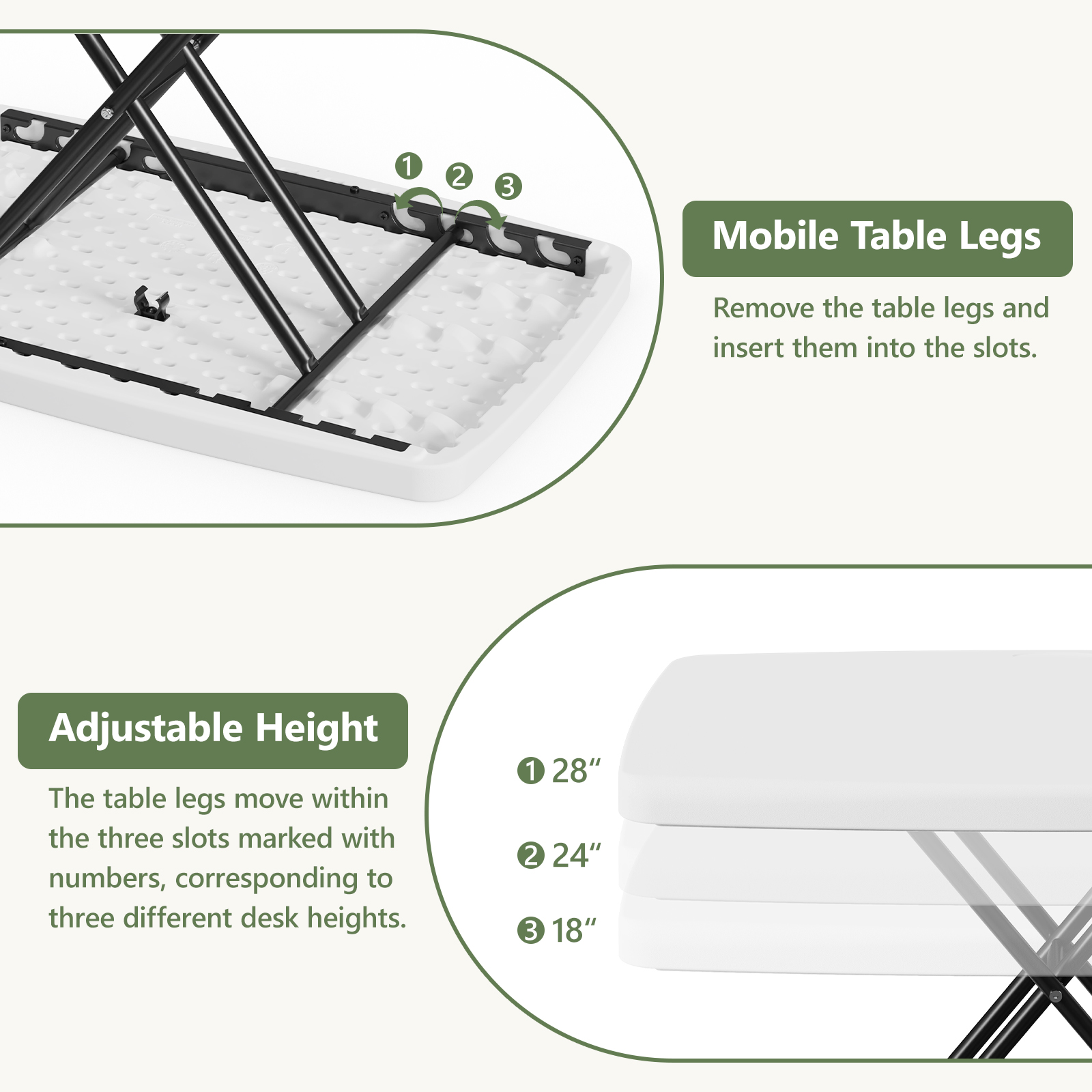 Wasuhe 30" Folding Table with Height Adjustment, White photo 5