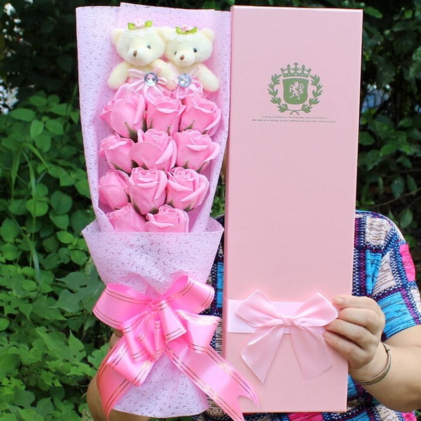 Oso de peluche de Hello Cat para niña y niño, muñeco de animales de peluche Kawaii rosa con jabón, flor de Rosa, ramos de dibujos animados, regalos de navidad