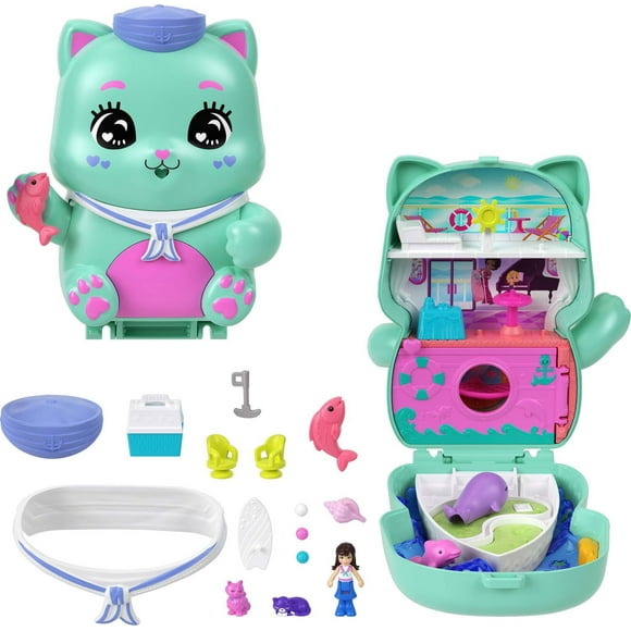 Polly Pocket Set Sail Kitty Compact Playset with 1 Micro Doll and Pet Cats, Travel Toy with Food & Styling Accessories