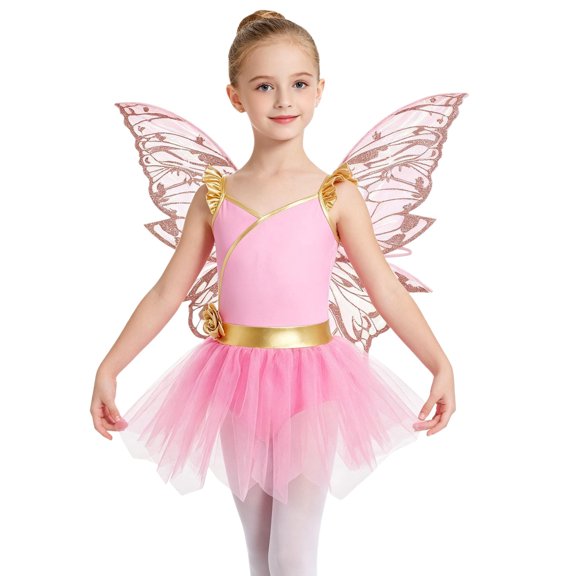 Hansber Kids Girls Sleeveless Camisole Leotard Tutu Dress with Fairy Wings 2-Piece Fairytale Princess Outfits Set Pink 6