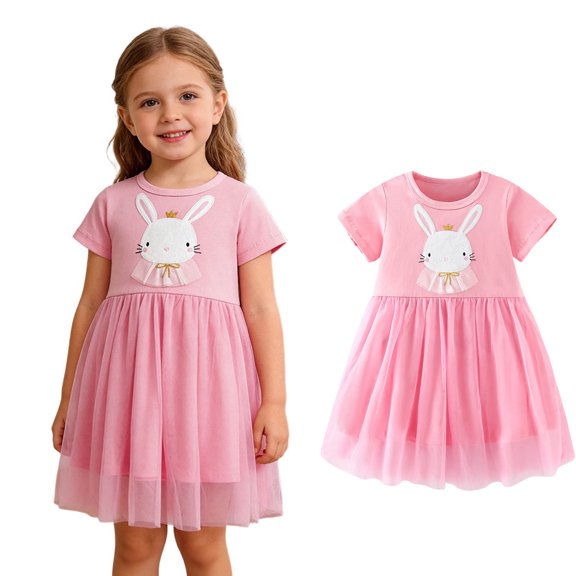 Easter Dresses for Girls Short Sleeve Bunny Embroidered Dress Tulle Mini Dress Girl Beach Dress Girls Outfits Size 6-7 Years