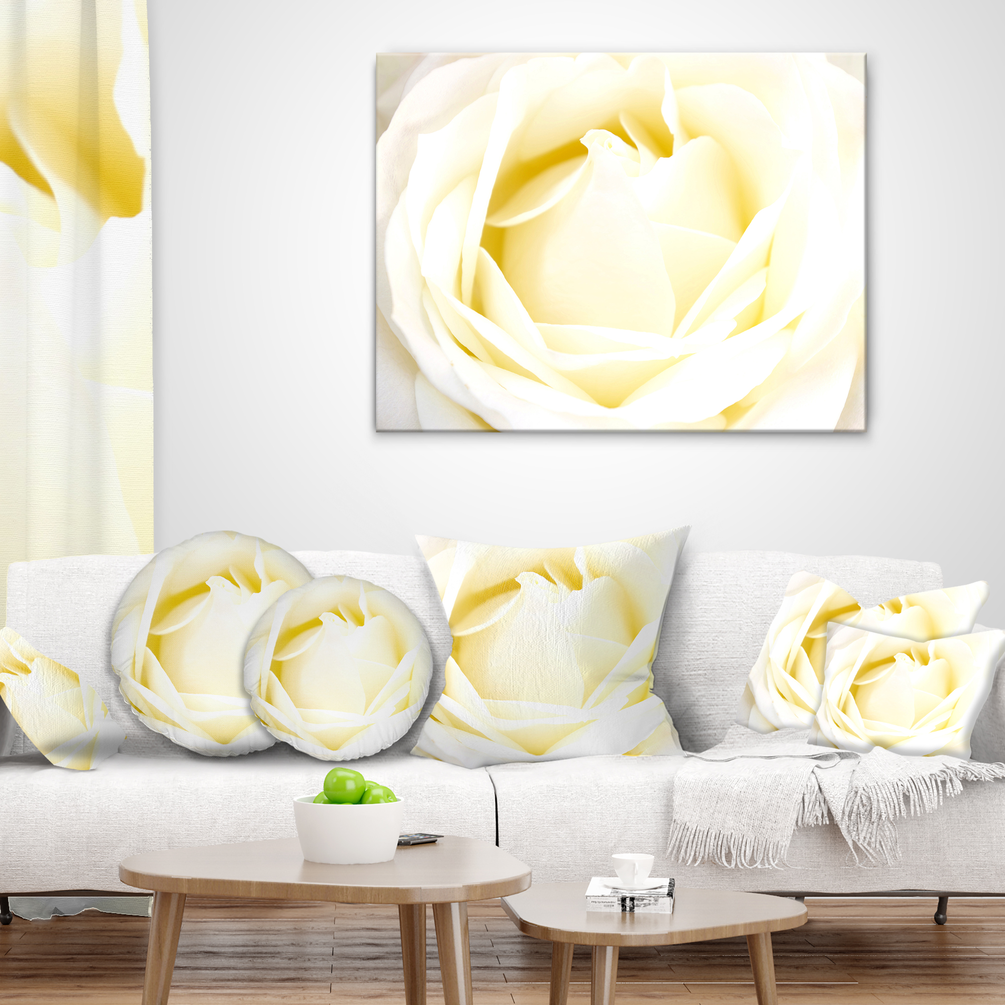Designart White Rose with Close Up Petals - Floral Throw Pillow - 18x18