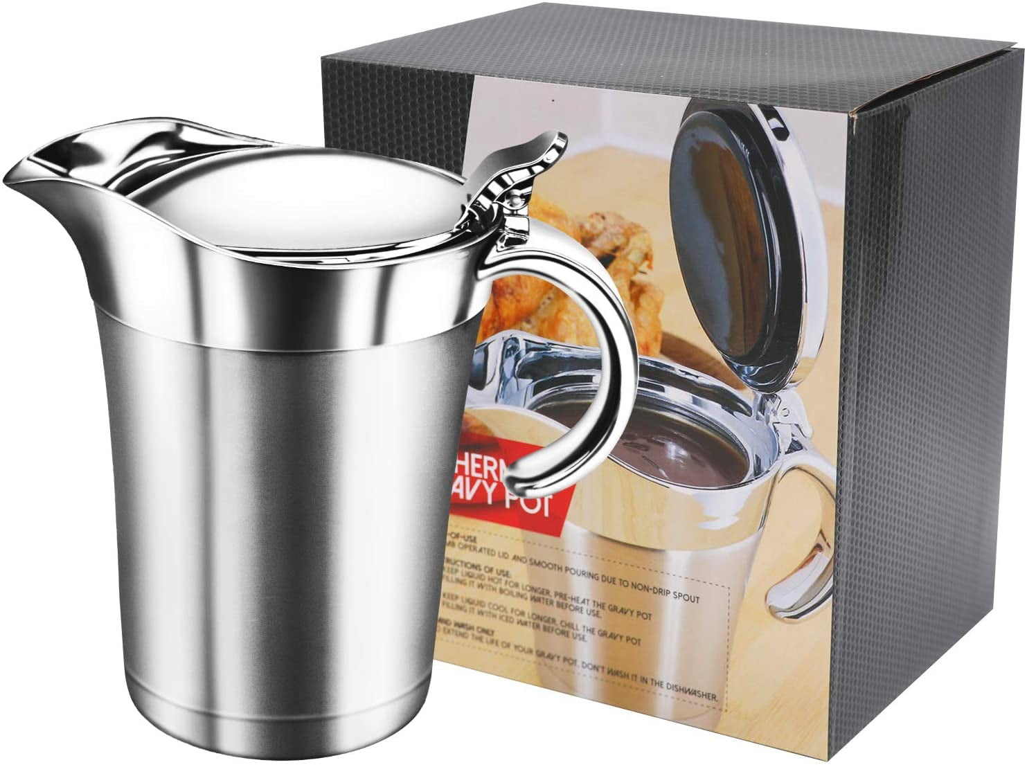 ABPETE 16 oz Double Wall Stainless Steel Boat,Warm-Retaining Creamer & Sauce Pitcher for Coffee,Sleek Polish Finish