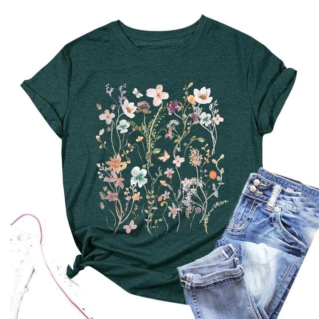 MKLEKYY Playeras Camiseta Corta Con Estampado Floral Para Mujer, Cuello Redondo, Manga Corta, 1138 Talla XL