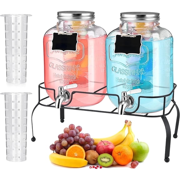 HBlife 1 Gallon Glass Drink Dispenser, Beverage Dispenser with Stand, Stainless Steel Spigot, and Ice Cylinder,2 Pack
