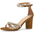 thumbnail image 1 of BLISSFUL STEP Women's Rhinestone Ankle Strap Chunky Dark Brown Heel Sandals 7 M US, 1 of 6