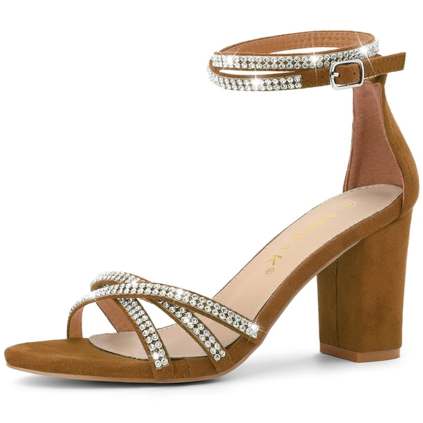 Sandalias Diamantes De Imitación Correas De Tobillo Tacón Grueso Para Mujeres Marron oscuro 39