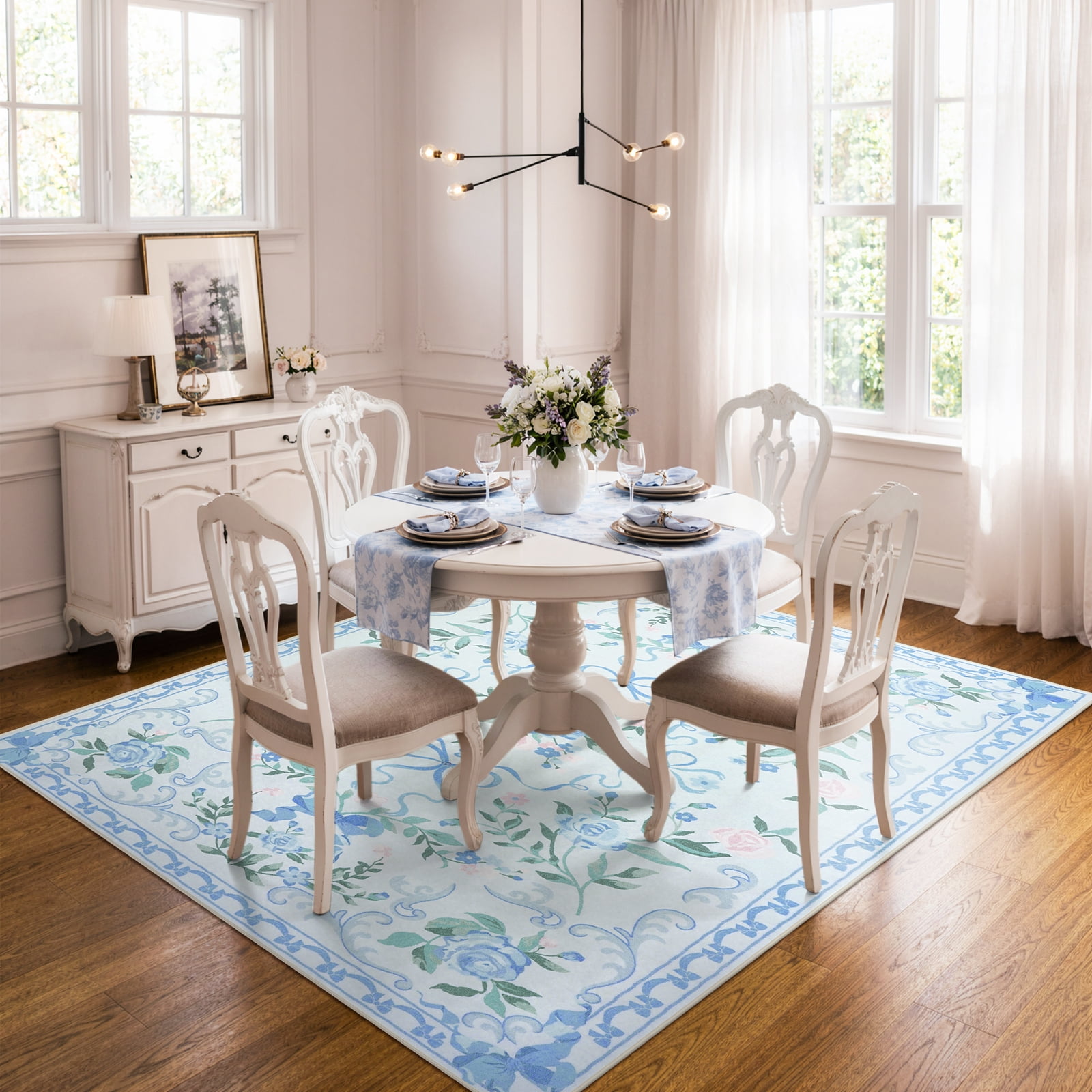 Lahome Washable 5'x7' Floral Bow Area Rug, Blue Rugs for Living Room, Soft Ultra-Thin Non-Slip Carpet for Girls Bedroom Nursery Dorm Kids Room Playroom, Blue