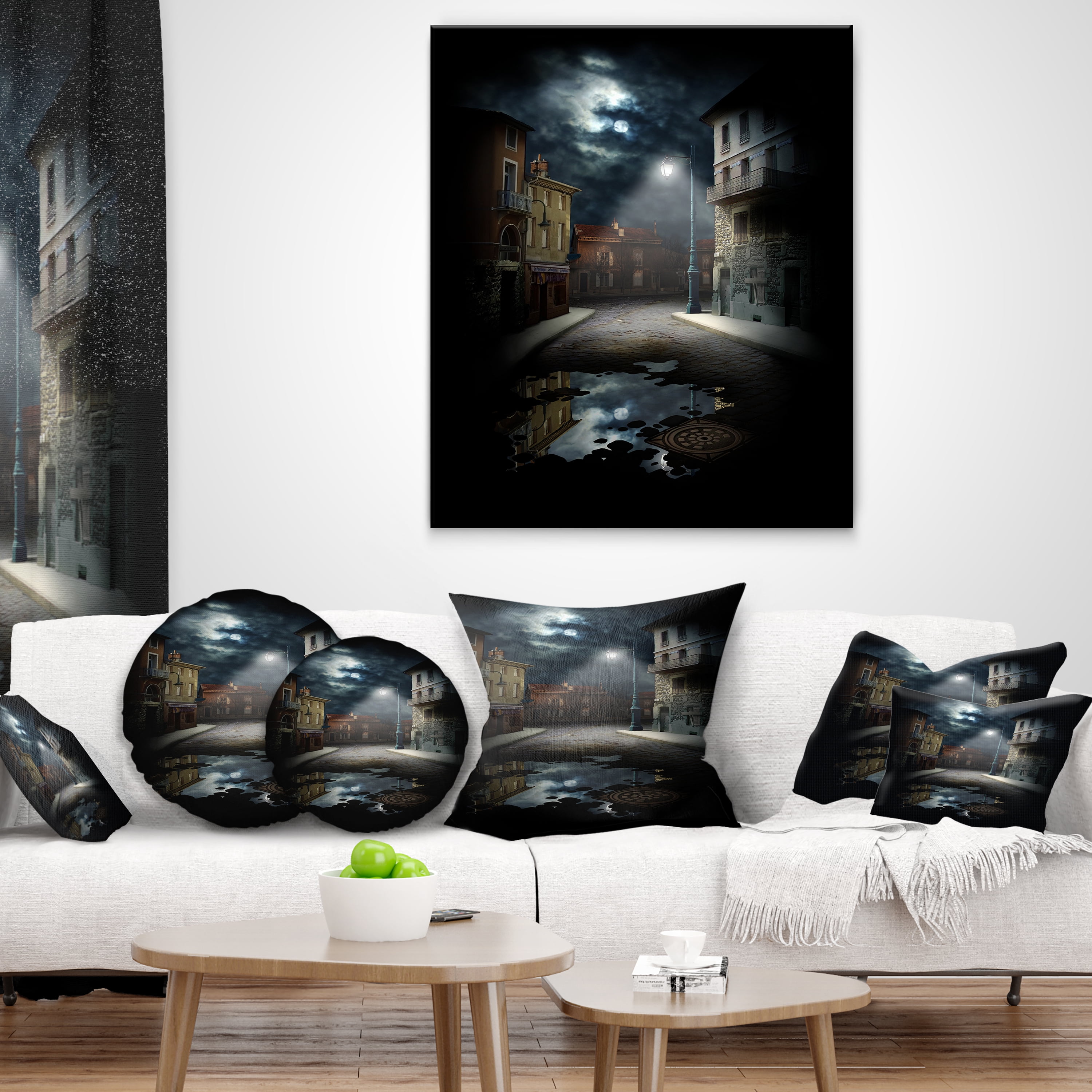 Designart Night Street Collage - Landscape Printed Throw Pillow - 12x20