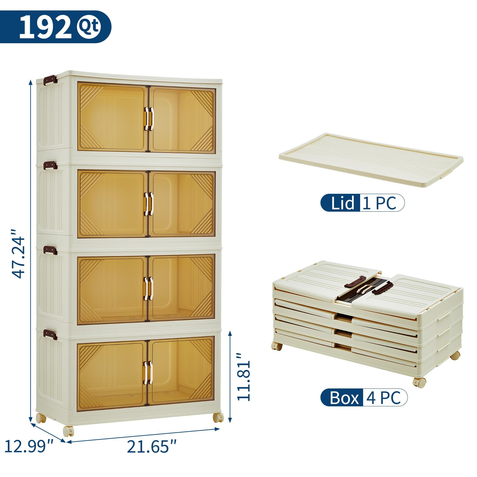 Stackable Storage Bins, 192QT Plastic Bins for Storage with Lids, Plastic Storages Drawers with Magnetic Doors & Wheels, Foldable Closet Organizers for Home, Dorm, White