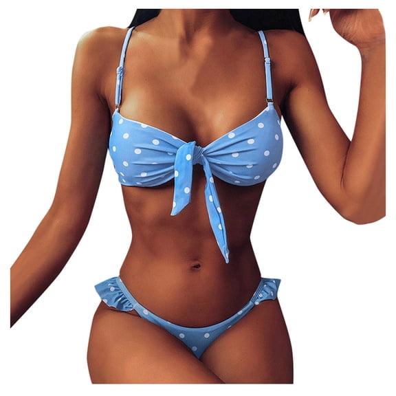 DHFJKG Swimsuit For Women Two Piece Swimwear Set Pool Beach Polka Dot Tie Front Bikini Top With Low Rise Thong Bottom Trendy Beachwear