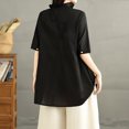 thumbnail image 5 of TKLPEHG Summer Tops for Women Crew Neck Cotton Linen Button Shirts Western Outfit for Women Leisure Solid Color Short Sleeve Blouses Fashion Lightweight Regular Blouses (Black,XL), 5 of 9